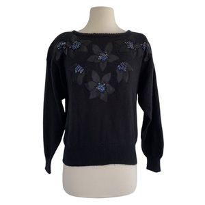 Vintage Diversity Petite Sequin Floral Applique Black Knit Sweater Small Petite